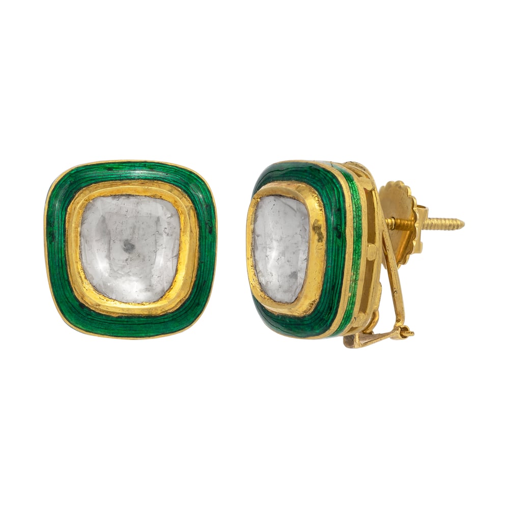 Square Polki Studs with Green Enamel Highlights